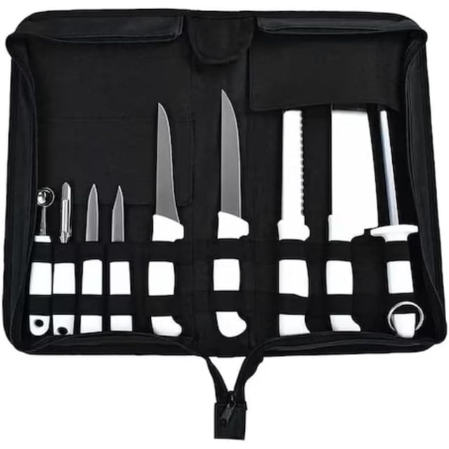 juego de cuchillo tramontina 32200600 chef master 10 piezas Estuche negro abierto, vista frontal centrada con 10 herramientas sujetas en bandas elásticas: cuchillo mondador, dos deshuesar, cuchillo para carne, cuchillo jamón con sierra, afilador estriado, sacabocados y pelapapas; hojas de acero inoxidable y mangos de polipropileno texturizado, estuche portátil adecuado para estudiantes y uso profesional en la cocina.
