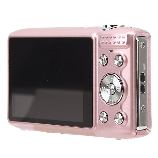 cámarae digital inteligente cámara fotográfica hd 4k de 58 mp con zoom digital de 16x, grabación de vídeo con pantalla stota de 2,8 pulgadas cámara compacta rosa metálico, vista trasera 3/4 centrada mostrando pantalla TFT de 2.8 pulgadas, botones direccionales circulares y cuatro botones plateados, carcasa de plástico y metal con acabado liso, puerto lateral para cable USB y ranura de tarjeta. Soporta temporizador 2/5/10 s; a menudo usada como cámara compacta de viaje.