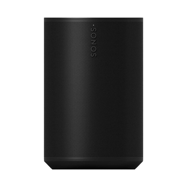 bocina inalámbrica wifi bluetooth sonos era100-b Bocina Sonos Era 100 negra, vista frontal centrada con rejilla perforada y logotipo Sonos vertical, base plana; medidas 182.5 x 120 x 130.5 mm. Compatible con WiFi 6 y Bluetooth 5.0, Trueplay de calibración automática y micrófono para control por voz. Ideal para libreros, escritorios o barras; también suele usarse para mejorar audio en oficinas pequeñas.