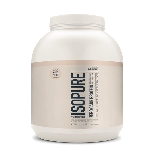 proteína en polvo Isopure Zero Carb sin sabor, 2,04 kg, 70 porciones — bote frontal centrado con etiqueta beige y texto vertical 'ISOPURE', indica 25 g de proteína por porción y 100 calorías; perfil de 2 ingredientes (proteína aislada de suero y lecitina de soya), suplemento proteico a menudo usado en batidos y recetas altas en proteína.