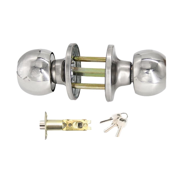 perilla de puerta de bola portátil para interiores y exteriores, cerradura de puerta de manejo cómodo para para 45 a 65 mm Perilla esférica de acero inoxidable en vista frontal centrada con mecanismo de tres pilares expuesto; acabado liso y reflectante, incluye cerrojo tubular y tres llaves sobre fondo blanco. Se adapta a puertas de 2.5–6.5 cm de grosor y es ideal para baños, cocinas, dormitorios o reemplazo rápido en apartamentos.