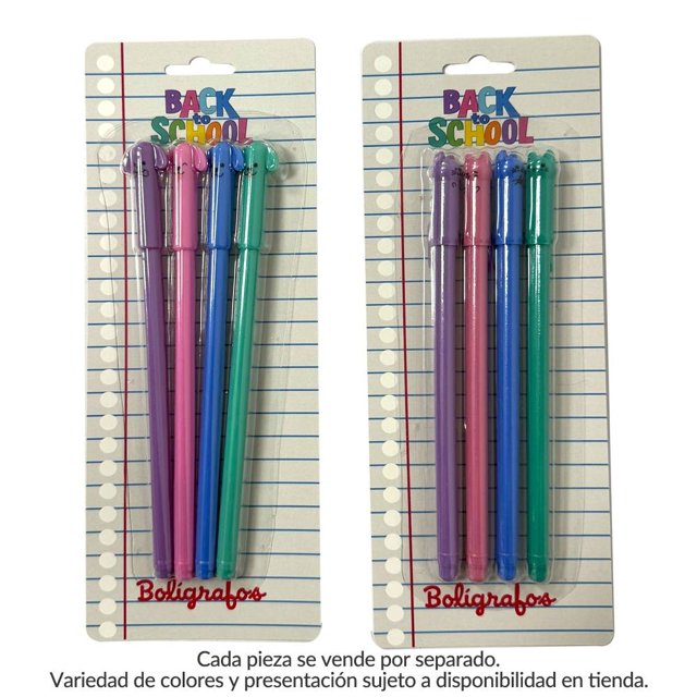 set de plumas prichos varios modelos 4 piezas bolígrafos para regreso a clases en colores morado, rosa, azul y verde, empaque blister con fondo de hoja rayada y rótulos "Back to School" y "Bolígrafos", tapas a juego y cuerpo cilíndrico; adecuado para papelería escolar.