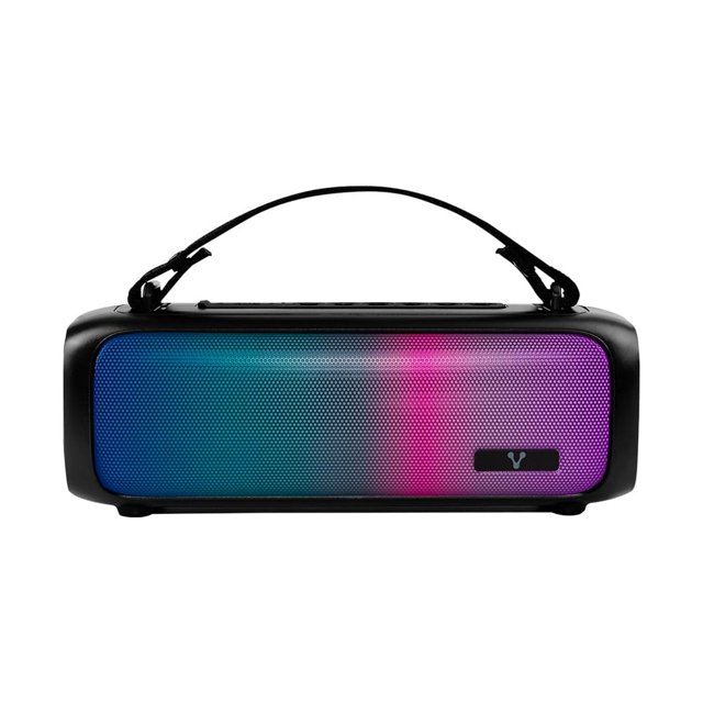 bocina bluetooth vorago bsp-260 negra con luces rgb y asa portátil vista frontal centrada de bocina rectangular con rejilla multicolor (azul a rosa), asa plegable superior, logo Vorago en esquina derecha, controles en el borde superior, luces RGB activas; potencia 16W y batería 1500mAh según ficha; también suele usarse como parlante portátil para viajes o reuniones pequeñas.