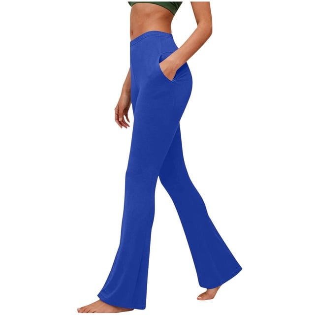 Amzcrzy Leggings Acampanados Mujer S-2XL - Yoga, Cintura Alta Sin Costura Delantera, Muy Elásticos Cómodos, Color Liso, Bolsillos Azul