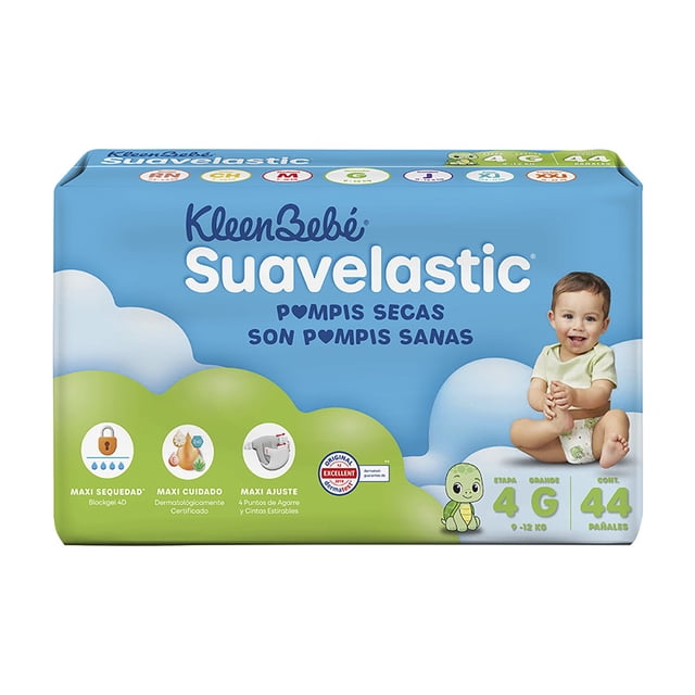 pañales para bebe kleenbebé suavelastic etapa 4 grande unisex 44 piezas paquete frontal azul y verde con logo Kleenbebé Suavelastic, texto 'pompis secas son pompis sanas', bebé sentado a la derecha, íconos que indican maxi sequedad (Blockgel 4D), maxi cuidado (Manzanilla, Aloe Vera, Vitamina E y Óxido de Zinc) y maxi ajuste (4 puntos de agarre), tortuga ilustrada y marca '4 G 44 pañales'.