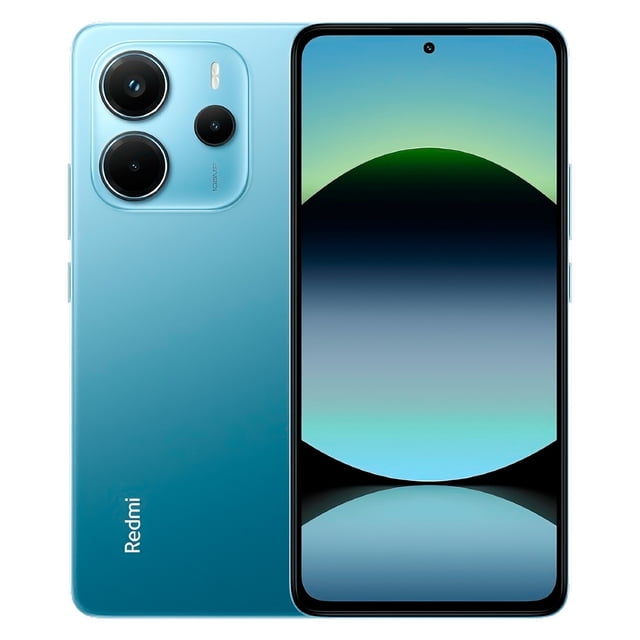 smartphone xiaomi redmi note 14 dual sim 256gb 8ram -blue vista frontal y trasera: pantalla OLED de 6.67" FHD+ a 120 Hz con orificio para cámara frontal de 20 MP, carcasa azul océano con módulo de cámara que integra sensor principal de 108 MP, texto Redmi en la esquina inferior, protección Gorilla Glass 5 y sensor de huellas en pantalla; también suele usarse como dispositivo principal para fotografía de alto detalle.