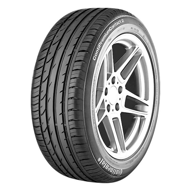 llanta 195/65 r15 continental contipremiumcontact 2 91h Neumático Continental ContiPremiumContact 2 195/65 R15 91H, vista 3/4 frontal centrada montado en rin; banda de rodamiento con ranuras circunferenciales y canales laterales visibles, costado con marcaje Continental y nombre del modelo, pared lateral blanca, UTQG 380, tracción A, temperatura A, fabricada en México.