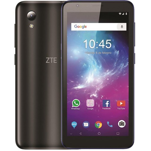 celular zte blade l8 1gb 32gb 8mp dual sim 5 pulgadas zte blade l8 negro, vista frontal y trasera centrada: pantalla de 5" encendida con Android 9.0 Go, carcasa negra con logo ZTE, cámara trasera de 8 Mpx con flash LED y bordes redondeados; 1 GB RAM y 32 GB de memoria interna. Suele usarse como teléfono móvil compacto para llamadas, mensajería y fotografía básica.