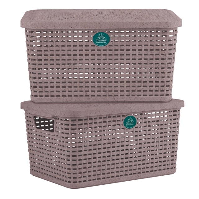 2 cajas multiusos ch rattan biodegradable #corazonesrosas set de 2 cajas organizadoras chica color rosa con patrón tipo rattan y rejilla, tapa plana y asas laterales integradas, medidas 20.5x29.3x14.8cm, marca TERRAGAVE; ideales para ordenar ropa, juguetes o artículos de cocina y también como elemento decorativo en estantes.