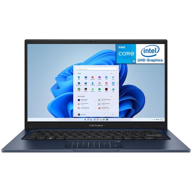 laptop asus vivobook 14 intel core i5 1334u 8gb ram 512gb ssd 14" windows 11 home teclado en español Azul, vista frontal centrada; chasis delgado azul, pantalla 14" Full HD 1920 x 1080 con biseles delgados mostrando Windows 11, teclado chiclet en español y panel táctil amplio; adecuada para estudiantes y profesionales en movilidad.