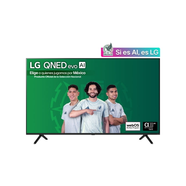 smart tv lg qned evo ai 65qned92 miniled 4k de 65 pulgadas 2025 televisor frontal de 65" con bisel fino y patas en V, pantalla mostrando banner verde promocional de la selección nacional con tres jugadores difuminados, logotipos webOS y AI en la esquina inferior derecha y sello LG en la parte superior; panel negro brillante sobre fondo blanco. Su tamaño compacto lo hace adecuado para salas o recámaras.