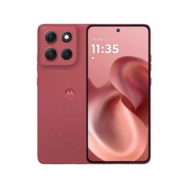 motorola moto g86 5g 8gb ram 512gb rom pantone chrysanthemun (cereza) vista frontal y trasera, teléfono centrado con pantalla Super HD de 6.7" (1,220 p) y punch-hole frontal, parte trasera texturizada color cereza con módulo cuadrado de tres lentes y flash, logo Motorola empotrado, bordes redondeados y botones laterales; a menudo usado para fotografía móvil y multimedia por su pantalla ultrabrillante y sonido Dolby Atmos.