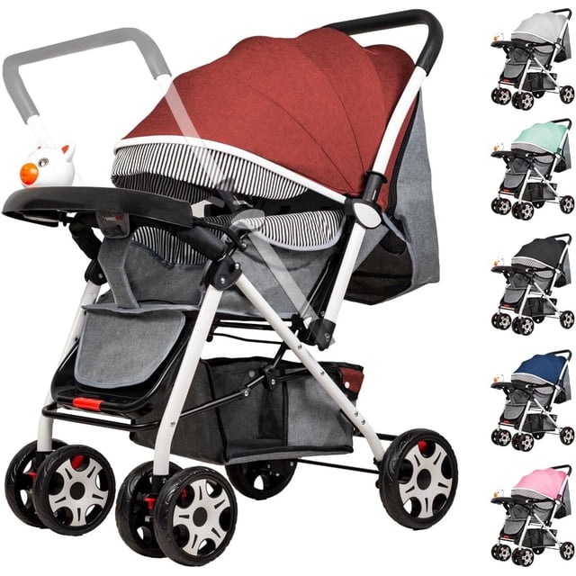 carriola infantil de lujo con toldo de viaje compacta y ligera carriola para bebe con jugetes tela transpirable carrito para bebe con mango ergonomico carreola ultra ligera y comoda (roja) Carriola roja en vista 3/4 con toldo extensible rojo y forro interior a rayas; chasis blanco, manubrio reversible con protector antideslizante y arnés de seguridad de 5 puntos. Bandeja frontal desmontable con juguete musical, barra de seguridad con entrepierna, ruedas dobles con freno, reposapiés y canasta de tela inferior; plegado sencillo para viaje compacto, también adecuada para paseos urbanos y salidas familiares.