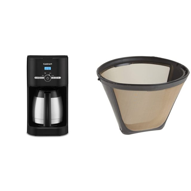 cafetera cuisinart dcc-1170bk thermal classic 10 tazas negra vista frontal con jarra térmica de acero inoxidable, panel LCD y botones programables; a la derecha filtro reutilizable de malla dorada compatible con modelos DCC, ideal para preparar café de hasta 10 tazas y apta también para infusionar pequeñas cantidades de té suelto.