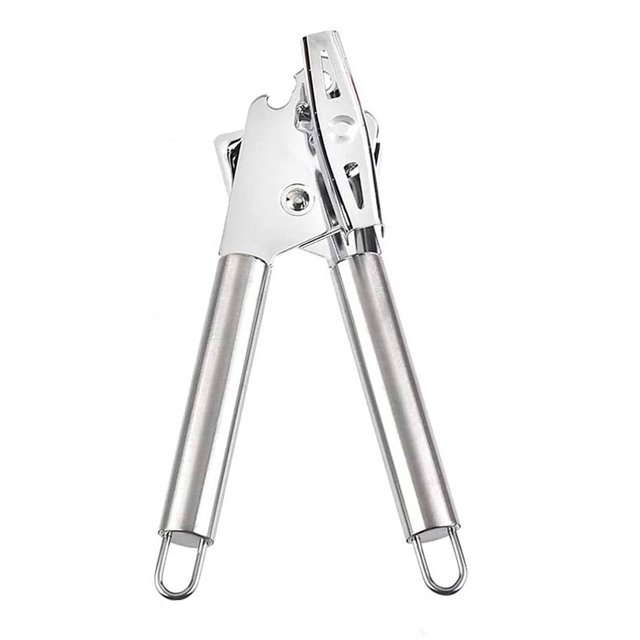 abrelatas manual bazzeff acero inoxidable sacacorchos can opener Bazzeff en vista frontal, abrelatas universal de acero inoxidable plata con asas largas y anillas para colgar, rueda cortante y navaja visible para apertura manual de latas; utensilio de cocina práctico, también suele usarse para abrir conservas en picnics o viajes.