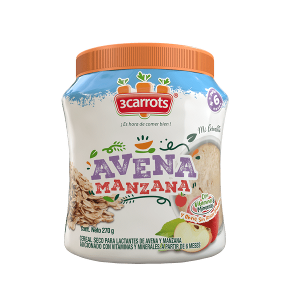 3Carrots Cereal para Bebé de Avena, Manzana 270 g Sin Azúcar Añadida