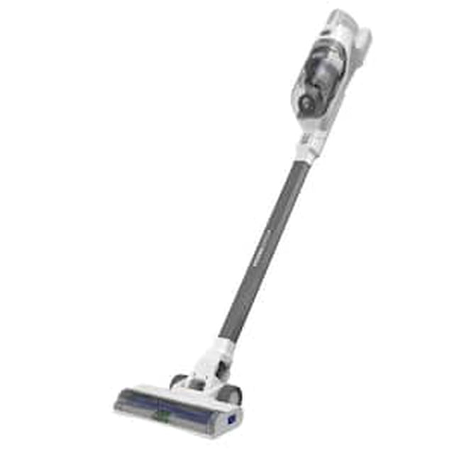 spectrum black+decker 16v max spectrum bhfea420jspectrum Aspiradora vertical inalámbrica en vista frontal 3/4, cuerpo blanco y gris con tubo largo gris, cepillo motorizado ancho con rodillo visible y depósito transparente para polvo; diseñada para pisos y alfombras, a menudo usada como aspiradora de mano para tapicería y espacios pequeños.