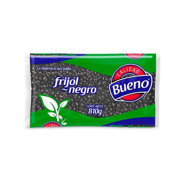 frijol negro bueno 810 g paquete frontal, vista centrada a 3/4 mostrando empaque plástico con fondo de frijoles negros impresos, logotipo rojo y azul 'Bueno' en esquina derecha y texto 'frijol negro' en blanco; detalle de 'CONT. NETO 810 g' y gráfico de hojas verdes en la parte inferior, alto en fibra, hierro y proteína.