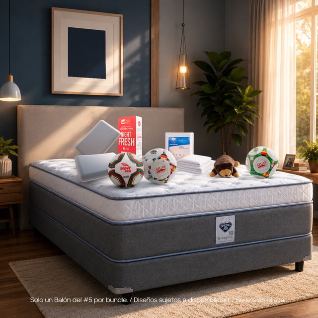 colchón queen size spring air gibson + box + 2 almohadas + protector essence gris, vista frontal centrada del set: colchón Gibson sobre box spring gris con etiqueta Spring Air; superficie blanca acolchada con costuras en rombo y borde con vivo azul; confort media‑firme con sistema de resortes continuos Performance (529 resortes); incluye dos almohadas Night Fresh y protector Essence doblado; habitación iluminada con lámpara y cortina.