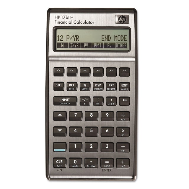 calculadora financiera hp 17biiplus 17bii+ con pantalla lcd de 22 dígitos, vista frontal centrada de la calculadora HP con carcasa gris metal y botones negros; pantalla mostrando modo financiero, fila de teclas de función y teclado numérico completo con logotipo HP, pensada para cálculos financieros, estadísticas de dos variables y gestión de listas en oficina o estudio — también adecuada para programar funciones y revisar datos almacenados.
