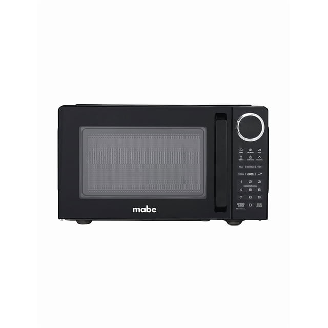 horno de microondas mabe 0.9 pies cúbicos digital 120v panel electrónico función eco 10 niveles de potencia acabado espejo negro, vista frontal centrada con puerta de vidrio y marco espejo, manija vertical a la derecha, panel electrónico con perilla circular plateada y botones de selecciones rápidas, logo Mabe en la base y plato giratorio interno visible; compacto para encimera en cocinas pequeñas, departamentos u oficinas.