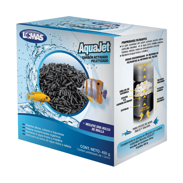 carbón activado lomas 450 gr caja 3/4, vista frontal y lateral con gránulos negros en ventana, logo Lomas y texto Aquajet, ilustraciones de peces y diagrama de filtrado; indicado para acuarios de agua dulce y salada, adsorbe olores, colorantes e impurezas y viene con bolsa de malla.