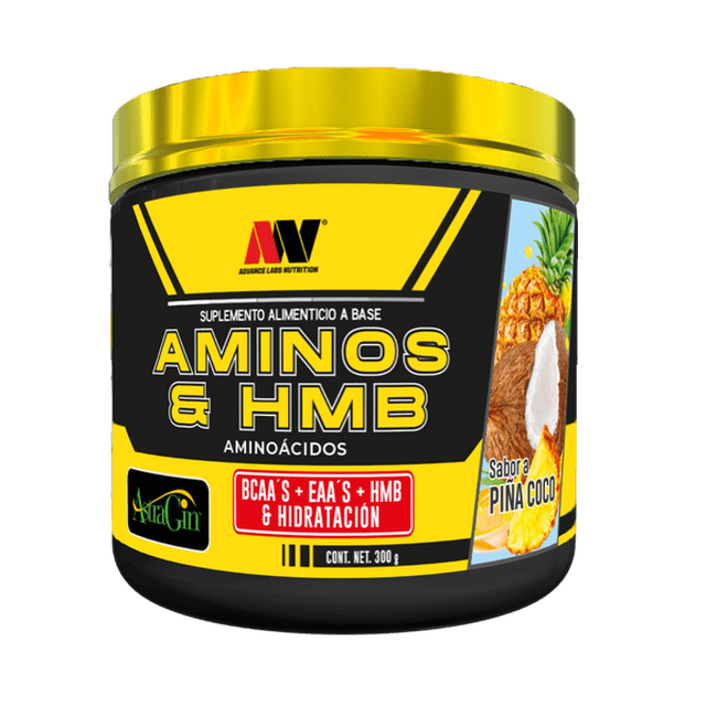 aminoácidos con hmb e hidratación advance labs aminos & hmb astragin guayaba 30 serv 300g bote frontal centrado con tapa dorada, envase negro y etiqueta amarilla que muestra AMINOS & HMB, logo Advance Labs, sello Astragin, recuadro rojo con BCAA's + EAA's + HMB & Hidratación, indica 300 g y 30 servicios y muestra ilustración de guayaba como sabor.