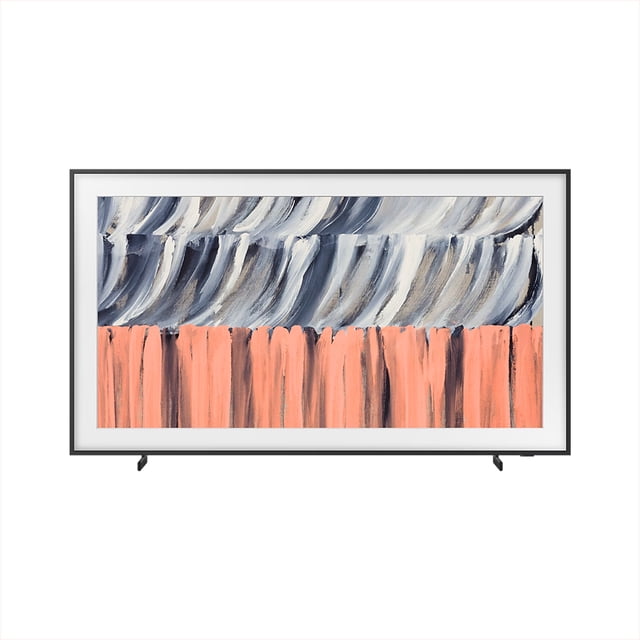 pantalla samsung 55" the frame ls03he 4k smart tv (2026) frontal, diseño tipo marco con marco Amber Brown, muestra obra abstracta con pinceladas grises y azules arriba y franjas coral abajo; perfil ultradelgado, base ajustable en posición baja y borde negro, pantalla Neo QLED que simula un cuadro sobre fondo blanco. Ideal para mostrar arte en modo Arte y adecuada para salas o galerías domésticas.