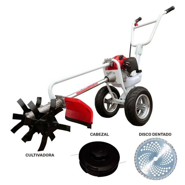 desbrozadora multifuncinal husky a gasolina tipo carretilla nueva con motor 2.5 hp; vista 3/4 frontal de carretilla blanca y roja con manillar en U, chasis con dos ruedas neumáticas y depósito de combustible; accesorios mostrados por separado: cultivadora dentada negra, cabezal de hilo negro y disco dentado metálico. Suele usarse para cortar maleza y también es adecuada para preparar pequeños huertos caseros.