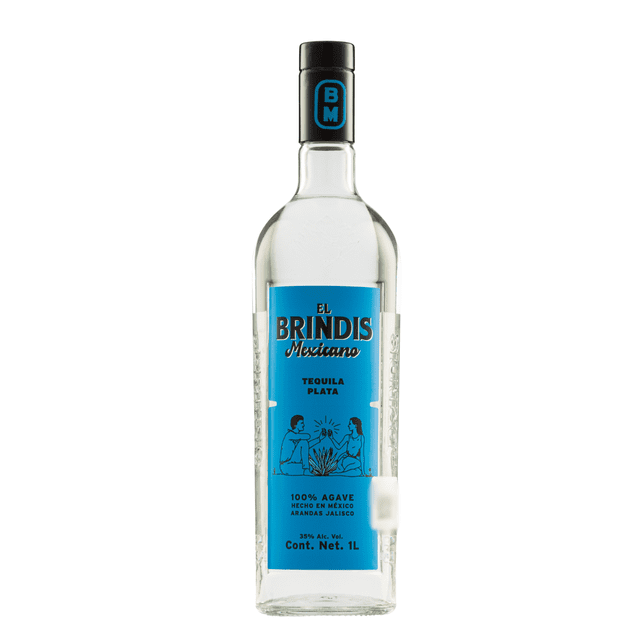 tequila el brindis mexicano plata 1000 ml botella frontal translúcida de 1 L con etiqueta azul que muestra 'El Brindis Mexicano', 'Tequila Plata' y '100% Agave', cuello con tapa negra y logo BM sobre fondo blanco; adecuada para coctelería y como acompañante en celebraciones.
