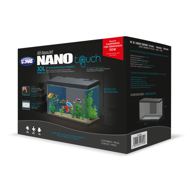 acuario nano touch 30 lt Caja negra del kit acuario Nano touch 30 L Lomas con ilustración del tanque de vidrio 48 x 22 x 29 cm, tapa desmontable con lámpara LED integrada, filtro interno con canastillas desmontables, bomba con válvula reguladora de flujo y calentador sumergible con termostato; ideal para principiantes y también apto para cultivar plantas acuáticas en espacios pequeños.