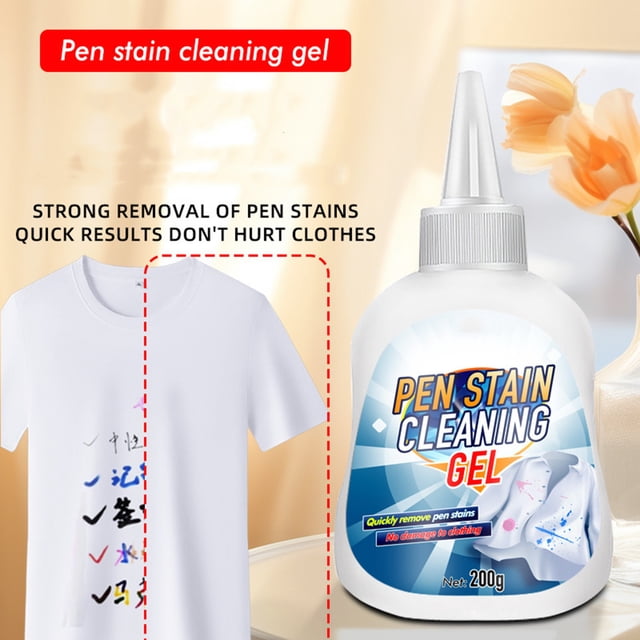 xihbxyly bolígrafo quitamanchas, botella multicolor de gel limpiador para manchas de ropa, vista frontal con boquilla cónica y etiqueta 'Pen Stain Cleaning Gel', envase blanco (200 g) junto a camiseta blanca con manchas de tinta mostrando área tratada en fondo doméstico; también apto para uso en oficina para eliminar tinta y manchas de alimentos.