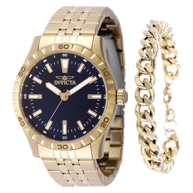 invicta reloj 48285 hombre dorado reloj para hombre con caja y brazalete de acero color oro, esfera negra con marcadores luminosos aplicados y manecillas doradas, bisel acanalado con números en relieve y logo Invicta a las 12; acompañado de pulsera cadena dorada, ideal como conjunto de accesorios de moda.