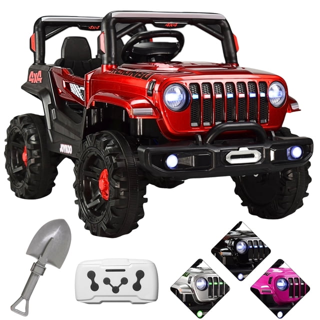 camioneta montable eléctrica joykoo 4x4 control remoto luz led 12v rojo — Vista frontal 3/4 de la camioneta montable roja con parrilla tipo SUV, ruedas todoterreno, barra antivuelco y asiento con cinturón; luces LED delanteras encendidas y volante visibles. Incluye control remoto y cargador; 12V, 2 motores, USB/Bluetooth, 3 velocidades, capacidad 30 kg, edad 3–6 años. También suele usarse como accesorio lúdico en sesiones de fotos infantiles.