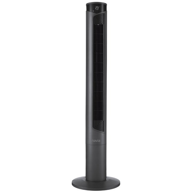 ventilador de torre 46 pulgadas navia vtn-006 gris, vista frontal centrada de torre delgada gris de 46" (116 cm) con rejilla vertical y base redonda estable, pantalla LED superior que muestra la temperatura y logotipo Navia en la columna, ideal para ventilar salas u oficinas y a menudo usado para mejorar la circulación de aire en espacios pequeños.