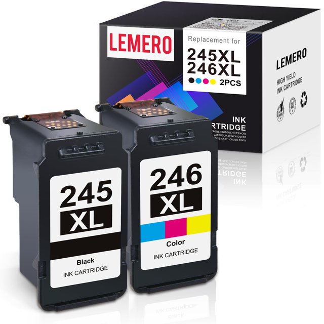 cartucho de tinta lemero 245xl pg-245 cl-246 para impresora canon Paquete de 2 cartuchos frontales: negro PG-245XL y tricolor CL-246XL, carcasa rectangular negra con etiquetas blancas 245XL/246XL; caja Lemero al fondo con texto "Replacement for 245XL 246XL 2PCS" y contactos de chip visibles en la parte superior. A menudo usado en impresoras domésticas Pixma y para tareas de oficina en casa.