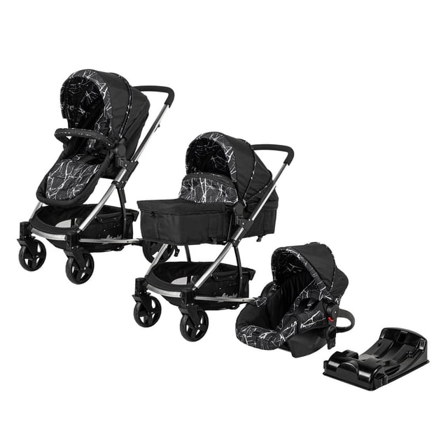 carriola travel system eclipse negro Carriola multifuncional con chasis de aluminio y asiento portabebé 1a etapa. Vista frontal centrada que muestra el set en tres configuraciones: silla de paseo reclinable, moisés/bambineto y asiento de auto convertible; textil negro con estampado claro, capota y barra frontal, ruedas delanteras giratorias y base para asiento incluida.