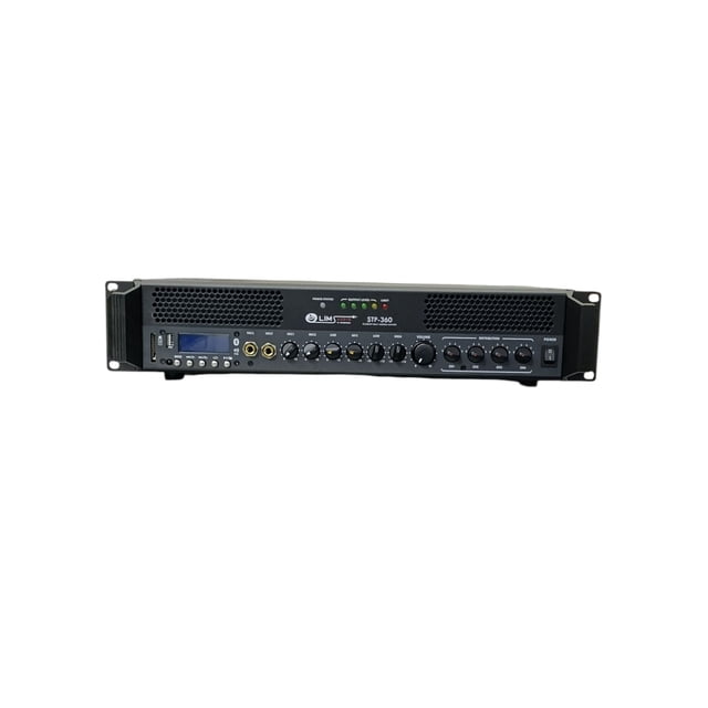amplificador stp-360 soundtrack publidifusion interiores 360 watts soundtrack 2 entradas micrófono, usb amplificador negro de rack con pantalla LCD y puerto USB en el panel frontal, controles rotativos y medidores LED; 4 zonas con control de volumen independiente, entradas de línea y micrófono, ajuste 70/100 V y salida 180W/360W; ideal para instalaciones de voz y música en escuelas, comercios u oficinas.