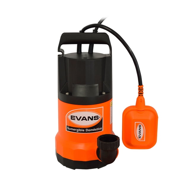 bomba sumergible 1/2 hp domestica evans agua lim sla1.5me050 Anaranjado, vista frontal centrada de bomba sumergible doméstica EVANS con cuerpo naranja y tapa negra, manija integrada, cable de 6 m y flotador naranja conectado; salida roscada lateral en ángulo y etiqueta frontal EVANS; especificaciones clave visibles: 115 V, 60 Hz, flujo hasta 170 l/min, altura máxima 12 m, conductor 14 AWG; para cisterna, llenado de tinacos y desagüe de fosas; también suele usarse para trasvase de agua en pequeñas granjas.