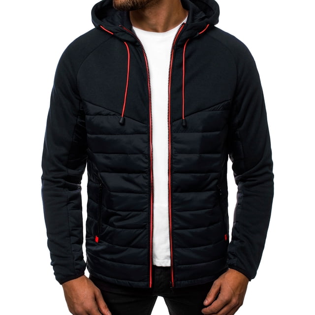 sudadera para hombre shendy vendy con capucha deportiva con cierre hoodie Negra, vista frontal centrada del torso con cierre completo; capucha con cordón teñido y detalles rojos, panel acolchado horizontal en el frente, bolsillos delanteros divididos con cierre y costuras de doble aguja en cuello y sisas. Forro resistente a bolitas que aporta aislamiento térmico y puños y dobladillo acanalados, apta para temporada de frío y uso casual; a menudo usada como capa intermedia en actividades al aire libre.
