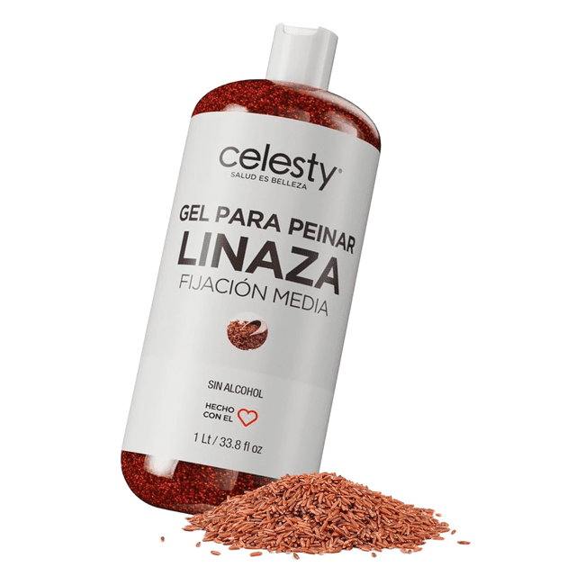 gel para cabello linaza celesty 1lt fijación media Gel para peinar Linaza Celesty 1 L, botella translúcida con gel ámbar y partículas visibles, etiqueta blanca que destaca 'fijación media' y 'sin alcohol', apoyada sobre semillas de linaza; formulado con linaza y aceites naturales, apto para todo tipo de cabello y suele usarse también para definir peinados en viajes.