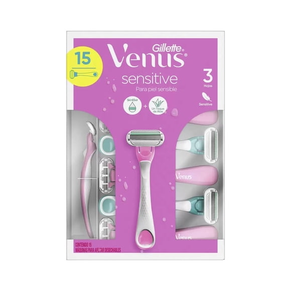 Gillette Venus Sensitive, 15 Rastrillos para Piel Sensible. Rosa, Contemporáneo, Mujeres con piel se
