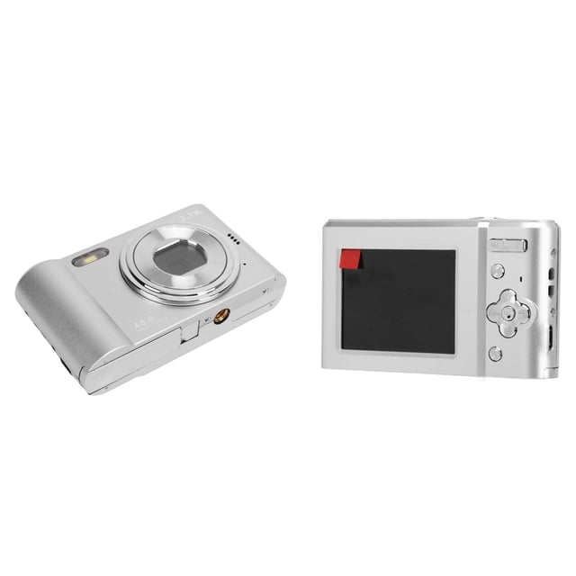 cámara digital de 1080p, cámara digital 700mah 2.4in fácil de llevar para la fiesta Anggrek en plástico plateado, vista frontal y trasera con lente retráctil circular, flash integrado y rosca de trípode; pantalla TFT de 2.4in, botones direccionales, ranura microSD (hasta 128GB, no incluida) y puerto USB. Adecuada para selfies y vídeo 1080p en fiestas, viene con correa de muñeca.