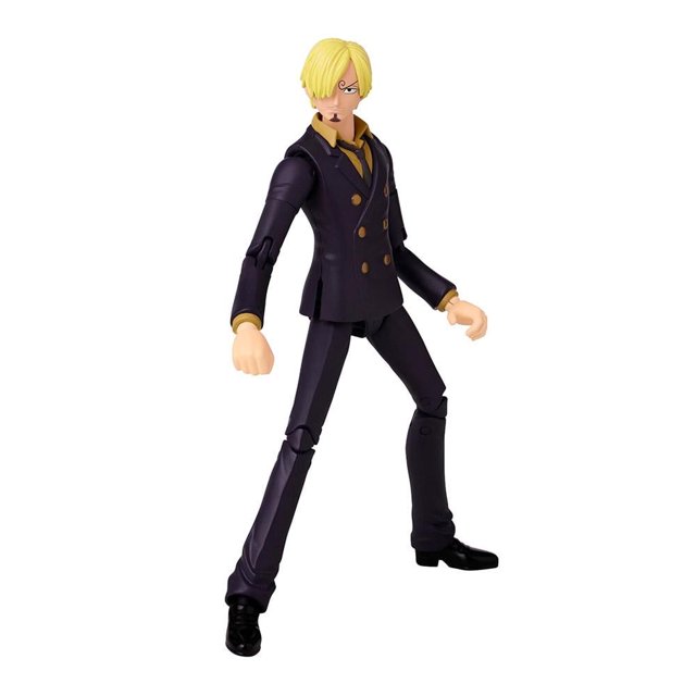 figura sanji bandai anime heroes 6.5 pulgadas muñeco articulado de One Piece en postura dinámica 3/4; traje azul oscuro con botones dorados, cabello rubio que cubre un ojo, articulaciones visibles en hombros, codos y rodillas, acabado pintado multicolor sobre fondo neutro. También suele usarse como pieza de exhibición en colecciones temáticas.