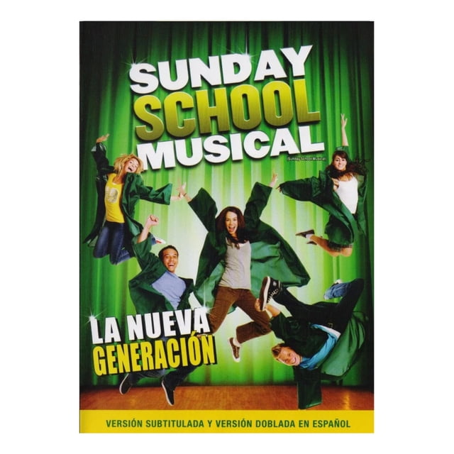 pelicula dvd sunday school musical la nueva generacion zima 2008 audio inglés y español Nuevo DVD vista frontal con cinco adolescentes en batas verdes de coro saltando frente a un telón vertical verde; título grande en blanco y amarillo arriba y texto "La Nueva Generación" abajo a la izquierda; banda inferior indica idiomas y duración. A menudo se usa como opción para proyecciones en grupos infantiles de iglesia.