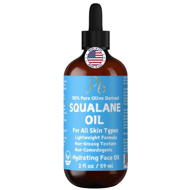 aceite de escualano, pomberries, 60 ml, 100% de origen vegetal, antienvejecimiento frasco ámbar con cuentagotas negro y etiqueta azul, líquido transparente visible; humectante ligero y de rápida absorción para rostro y cuerpo, adecuado para todo tipo de piel incluida piel sensible, también apto para aplicar en puntas del cabello.