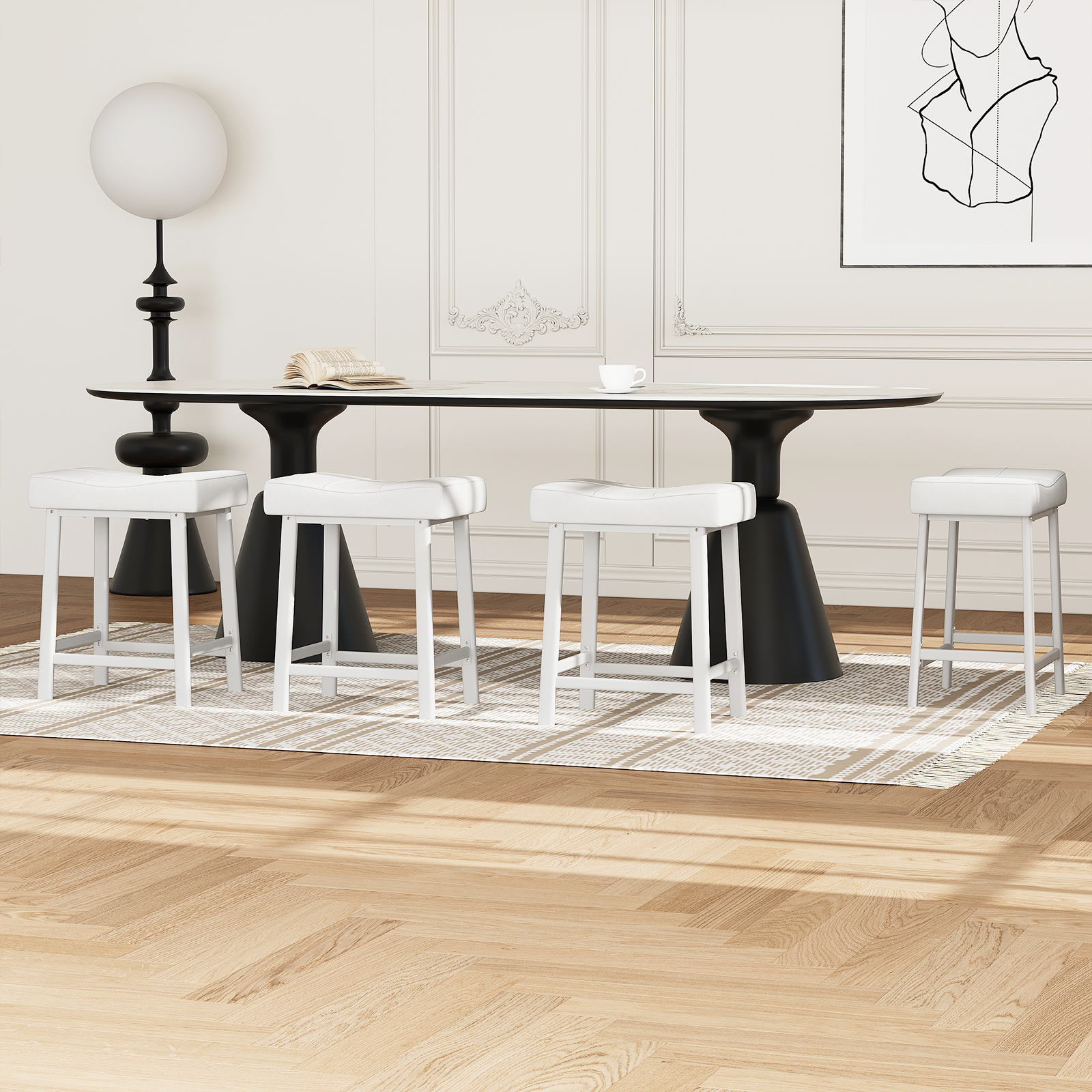 Taburetes de Bar Modernos de Cuero Sintético Gris - Juego de 4, Altura para Mostrador con Patas Blancas y Reposapiés, blanco