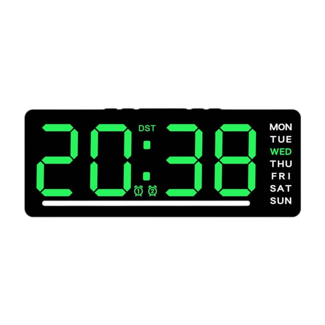 reloj digital led, regalos con dos alarmas, decoración del hogar, , reloj de escritorio, reloj de pared para dormitorio, mesa y sala de número verde Reloj rectangular negro con pantalla LED de números verdes grandes que muestra 20:38 en formato 24 horas; columna derecha con días de la semana y 'WED' iluminado, dos iconos de alarma bajo los dígitos, barra de brillo inferior visible, carcasa de plástico PP compacta (15.5 x 2.5 x 6.3 cm). Suele usarse también como reloj de viaje o temporizador de escritorio por su tamaño compacto.