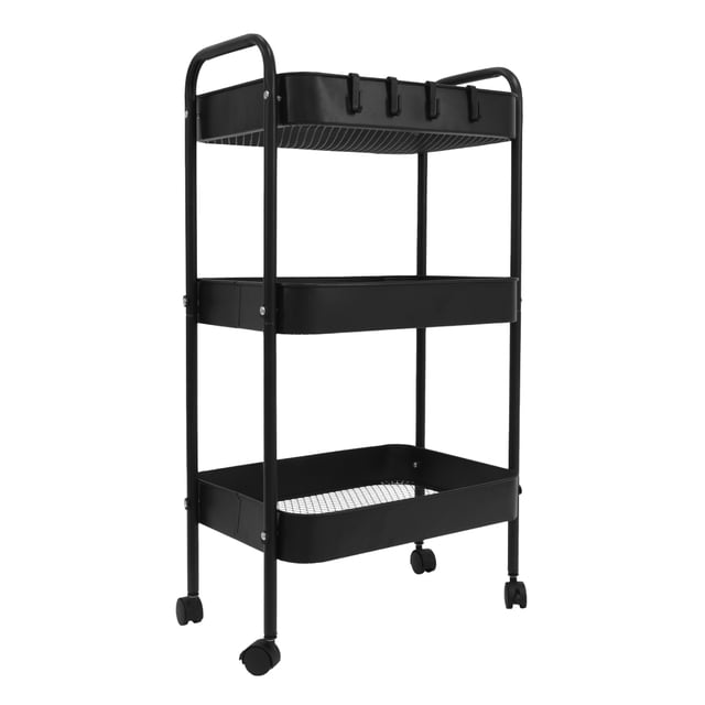 carrito organizador metálico multiusos 3 niveles con ruedas negro STYRKA, vista frontal 3/4 con estructura tubular de acero al carbono negra y tres bandejas con fondo transpirable, asas integradas y cuatro ruedas giratorias 360° de polipropileno; medidas 41 x 75 x 30 cm, compacto para cocina, baño u oficina, ideal también para guardar artículos de limpieza o suministros de oficina.