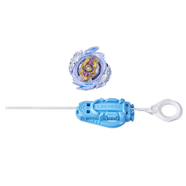 peonza beyblade burst surge speedstorm raid luinor l6 paquete de inicio multicolor peonza circular con capa de energía con detalles dorados, púrpuras y acentos plateados; vista centrada, incluye lanzador tipo ataque azul claro con asa blanca y tira dentada visible sobre fondo blanco. A menudo usado para combates Speedstorm y compatible con la app Beyblade Burst para escaneo de códigos.